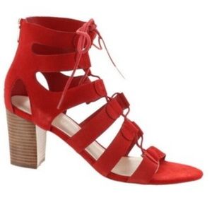 Marc Fisher Leather Sandals Red Strappy Lace Up Block Heel